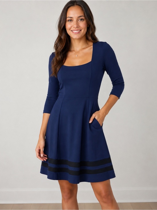 Modcloth Dresses & Skirts - ModCloth Women’s Navy Blue Fit & Flare Dress 3/4 Sleeve Striped Hem Size Medium
